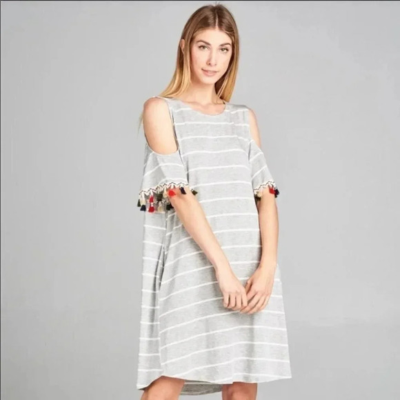 New Cotton Bleu Striped and Multi colored Tassels Cold Shoulder Dress Size M - Picture 1 of 8